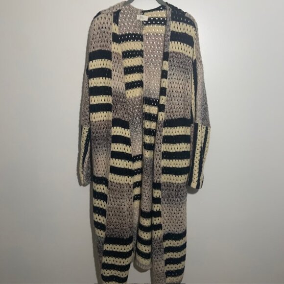 ELAN Boho Hippie Crochet Knit Long Duster Cardigan Sweater Multi Stripe - Size M - Picture 1 of 6